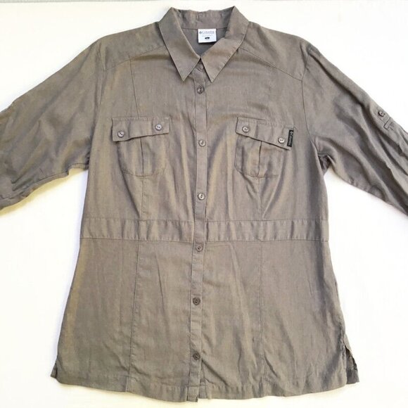 Columbia Casual Button Up Shirt Women's Large Gray Linen Roll Tab Sleeve Pockets - Picture 2 of 9